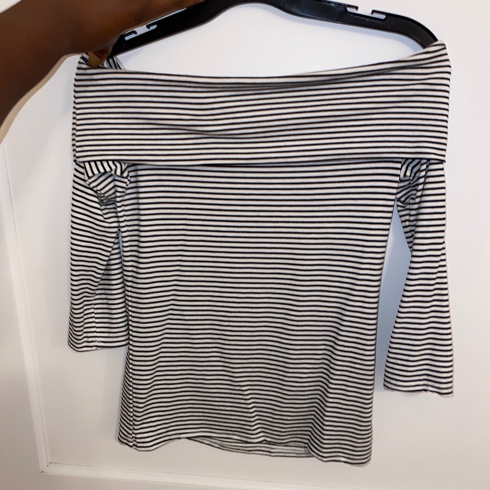 Over the shoulder black/white striped top